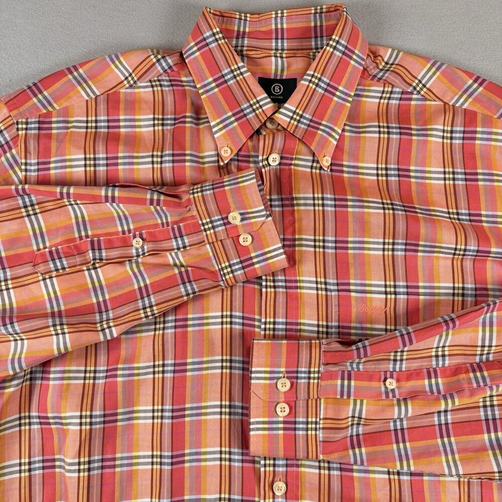 Bogner Men's Size 43 (XL) Orange Multicolor Plaid Button Down Shirt Long Sleeve